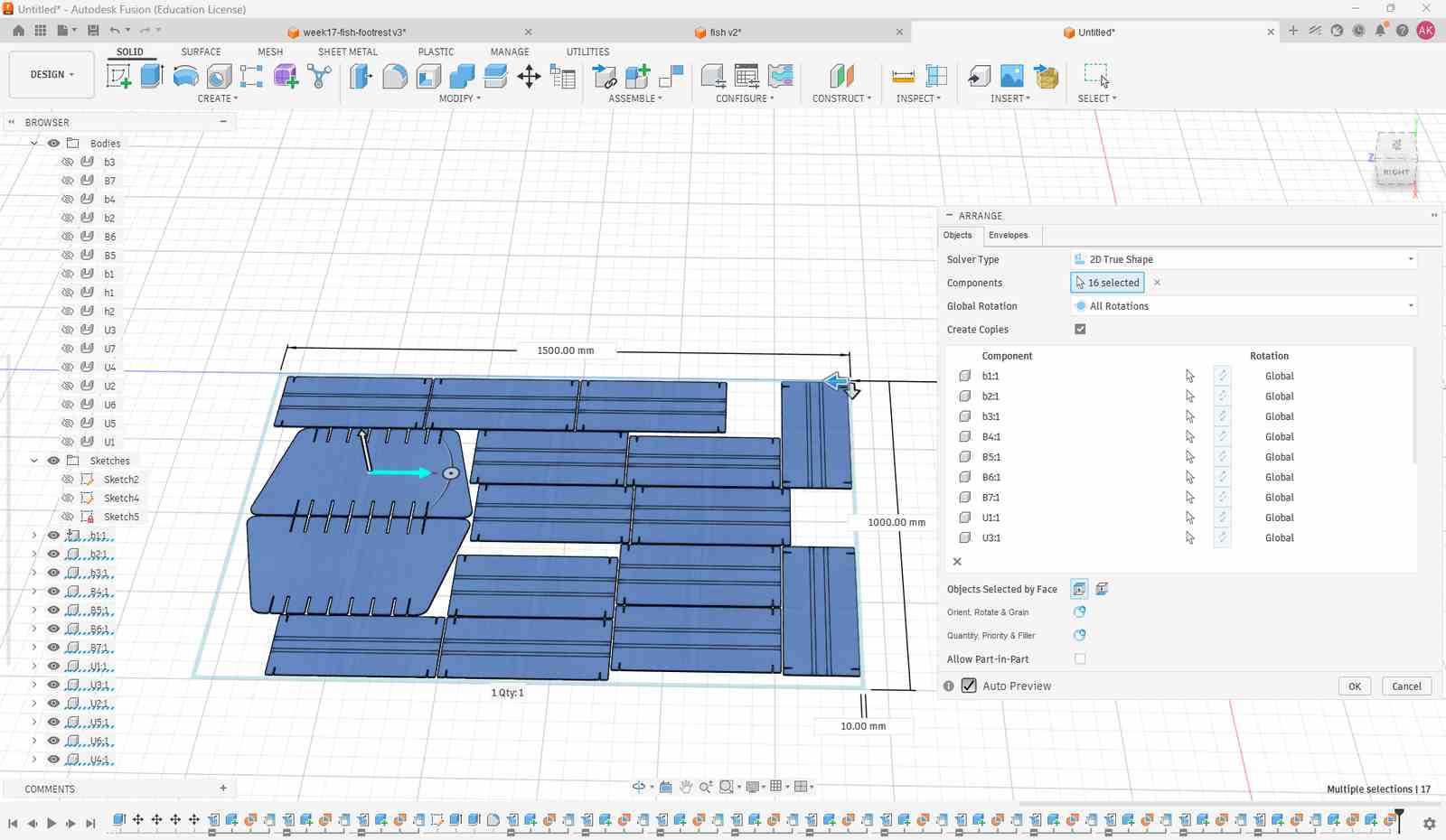 In Solid workspace, created components and then used Modify > Arrange. The Arrange function is used to set the model for cutting or creasing on the ZUND machine. The envelope size is the cardboard size I used.